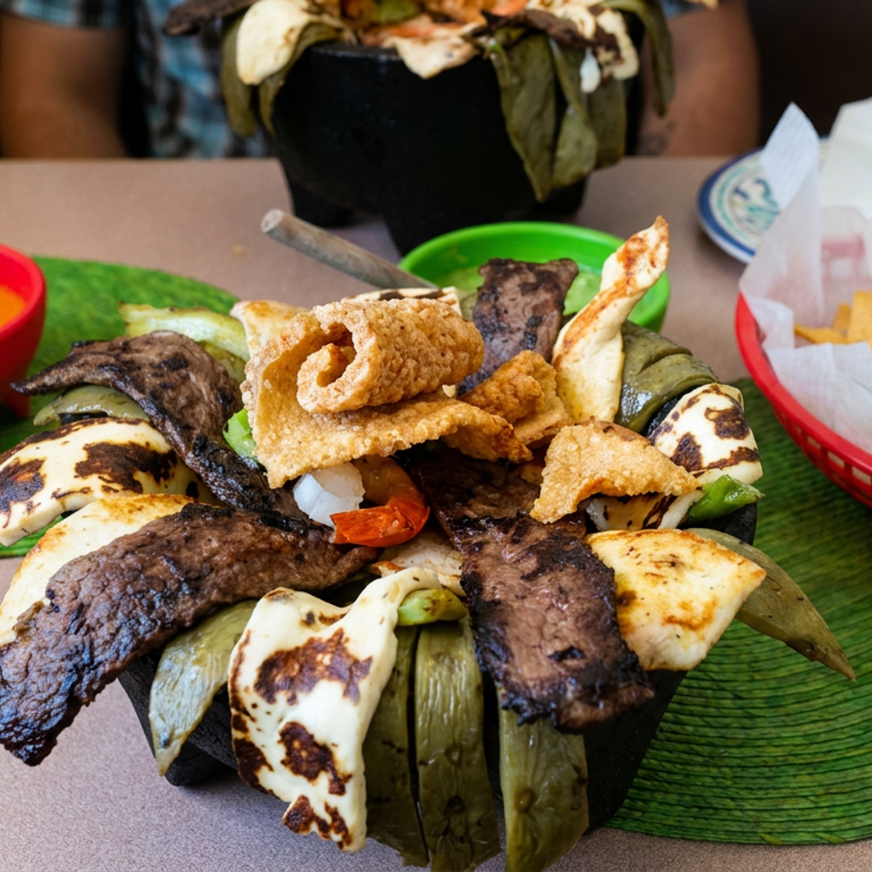 Grilled meat, vegetables, and cheese arranged on a platter beside red salsa and a basket of tortilla chips.