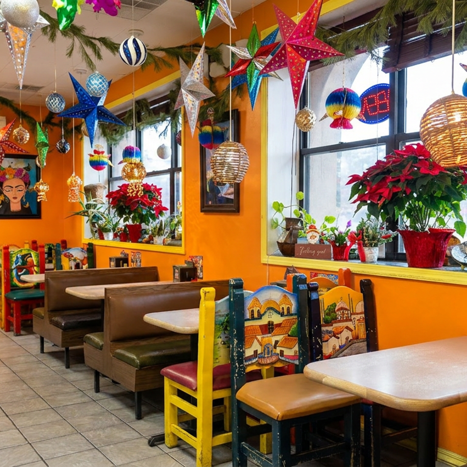 Colorful Mexican restaurant dining room decorated with hanging paper stars, folk art, painted chairs, plants, and festive ornaments.