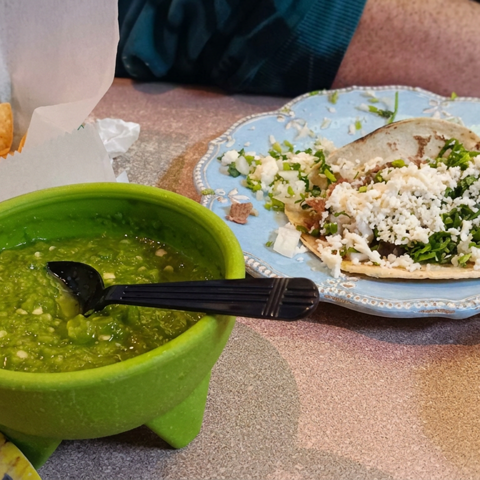 Tacos topped with cheese, onions, and cilantro beside green salsa and a basket of tortilla chips on a restaurant table.