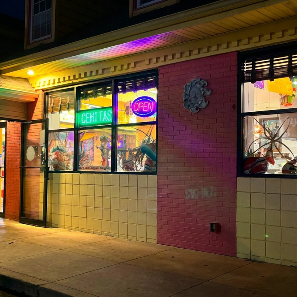 Colorfully lit Mexican restaurant storefront at night, with neon OPEN sign, festive window decorations, and Spanish signage.